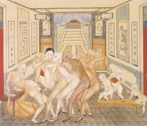 Bisexual Orgy Art - historic-erotic-art: Today's piece of historic erotic art comes to us from  late 19th century China. In this bisexual orgy, a group of six nude men and  one lady wearing a breast binding