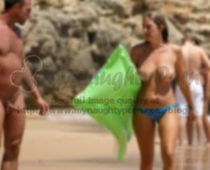 big penises on nude beach - Some young girl with huge firm tits on the beach looking at guy's long  shaved hard uncut dick