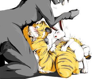 furry group oral sex - shi yusu, animal hands, blush, bull, cum, cum in mouth, fellatio, furry, group  sex, horse, interspecies, open mouth, oral, rabbit, sex, simple background,  size difference, tail, threesome, tiger - Image View - |