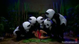 in panda costume - Sexy brunette babe gets gangbanged by panda mascots | Any Porn