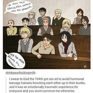 attack on titan cartoon sex - The trainees sex education class. hahahhaalook how mikasa looks at eren xD  and he is just like no pls dont. Attack Titan ...