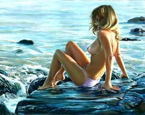 laguna beach babes nude - Laguna Beach on the Rocks (Nude) 1982 Oil on canvas 30x46 by Ruth Mayer -  For Sale on Art Brokerage