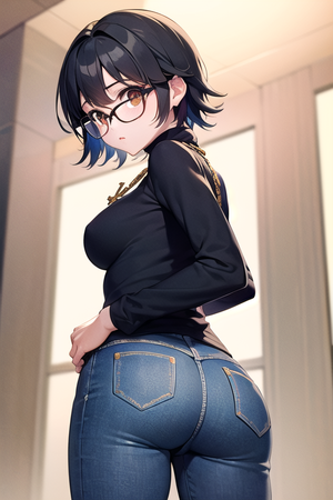 Anime Jeans Porn - Rule 34 - ai generated ass black hair blush breasts brown eyes denim female  from behind glasses hunter x hunter jeans looking at viewer looking back  pants shirt shizuku murasaki short hair