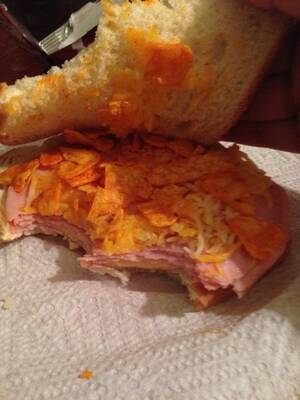 Mountain Dew Lunch Sandwich Porn - Homemade sandwich with Doritos,shredded cheese,Turkey ham slices,and single  slice of Kraft american cheese. : r/shittyfoodporn