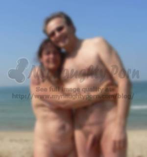 fat couple naked - Lovely older couple on the beach showing guy's big semi-hard cock and and  wife's saggy breasts and shaved cunt