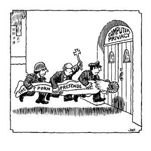 Droling Doors Porn - militarist, cleric, and policeman batter on front door of Computer Privacyâ€¦  - Cartoon' Premium Giclee Print - John Jonik | AllPosters.com