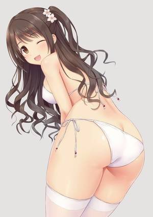 anime upskirt shots - d ass bikini blush breasts brown eyes brown hair butt crack cowboy shot  erect nipples flower from behind grey background hair flower hair ornament  highres ...