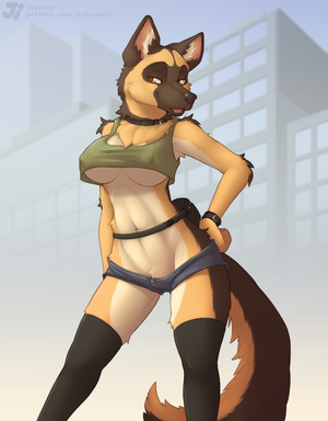 German Shepherd Anthro Girl Porn - 221656 - suggestive, artist:jishinu, oc, oc only, canine, dog, german  shepherd, mammal, anthro, 2021, amber eyes, bedroom eyes, belly button,  belt, bottomwear, breasts, brown body, brown fur, clothes, collar, crop  top, digital