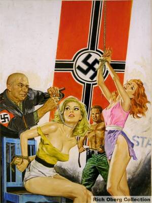 Nazi From The 1940s - pulp magazine cover with two men torturing two women, with Nazi flag in the  background