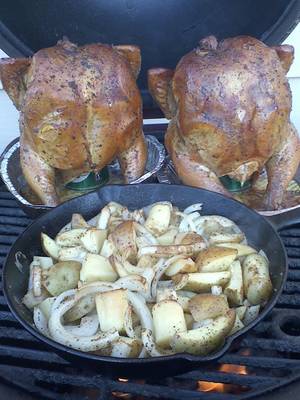 Baby Chicken Porn - Twin Beer Can Chicken with Spuds & Onions