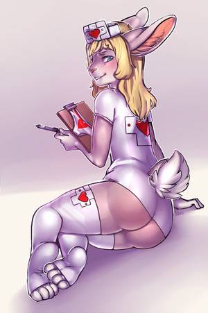 Clothed Furry - e621 ambiguous_gender anthro blonde_hair blue_eyes blush butt clothed  clothing hair lagomorph laini legwear mammal monamoo nurse