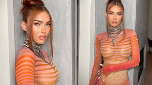 Megan Fox Boobs Porn - Megan Fox flaunts her curves as she goes braless in see-through orange  dress for very sexy new pics | The Irish Sun
