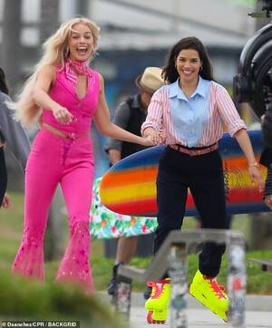 America Ferrera Porn - Margot Robbie inline skates while hand-in-hand with America Ferrera on LA  set of Barbie movie | Daily Mail Online