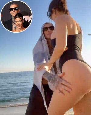 couple walking on beach nude butt - Travis Barker Grabs Kourtney Kardashian's Bare Butt In Beach Video