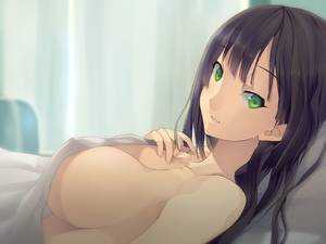 chocolate tits hentai - akinashi yuu bed bed sheet black hair breasts curtains game cg green eyes  koi to senkyo to chocolate large breasts long hair looking at viewer lying  nude ...