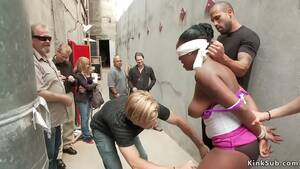 blindfolded black tits - Blindfolded and with natural big tits ebony slave Layton Benton getting  vibed and groped in public alley then master Karlo Karrera fucked her pussy  with big dick for crowd outdoors - XNXX.COM
