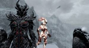 Elder Scrolls Flame Atronach Porn - Female Daedric Armor Set, with Flame Atronach and Dragon in backround