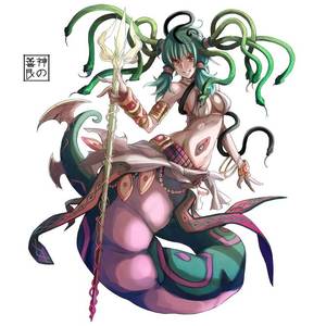 Anime Medusa Porn - 1girl armlet bangle bracelet breasts eudetenis full_body green_hair grin  jewelry lamia long_hair medusa monster_girl navel polearm