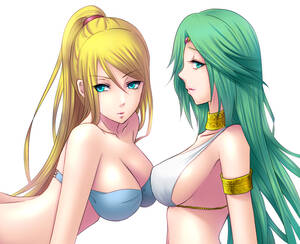 Icarus And Samus Porn - kukua (mosushi), palutena, samus aran, kid icarus, kid icarus uprising,  metroid, nintendo, super smash bros., bad id, bad pixiv id, 2girls, bikini,  bikini top only, blonde hair, blue bikini, blue eyes, bra,