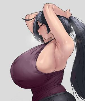 big breasts hentai armpits - Hentai Booru - Image 1824: 1girl armpits arms_up breasts commentary denim  eyes_closed gigantic_breasts grey_background highres huge_breasts jeans  krekk0v mole mole_under_mouth original pants parted_lips ponytail sideboob  simple_background solo sweat ..