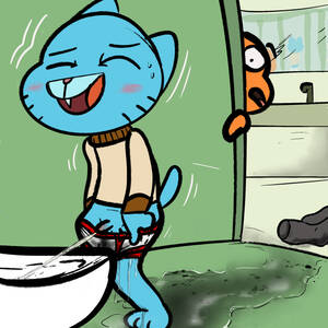 Cartoon Peeing Porn - Rule 34 - 1:1 anthro bathroom blush bodily fluids cartoon network clothing  darwin watterson domestic cat duo felid feline felis fish foreskin genital  fluids genitals gumball watterson hi res illegaleel leaking urine