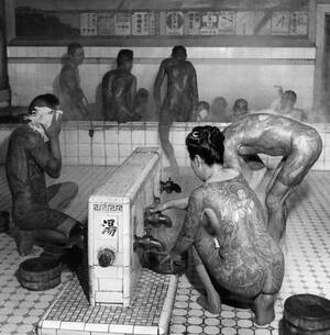 japanese nude beach fam - Members of a Yakuza clan in a public bathhouse, Japan 1947. :  r/interestingasfuck
