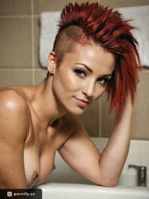 Hair Cut - Muscular female in bathroom with red hair, mohawk hair cut, smiling with  green eyes, eating and lifting her shirt | Pornify â€“ Free PremiumÂ® AI Porn