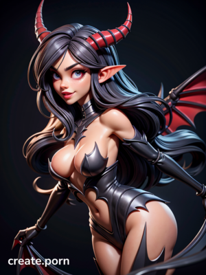 Horned Demon 3d Porn - horns and pointy ears, red face and skin, Demon queen with large black  bat-like wings, 3D (Caricatura), fucks her lover in the air dripping  cumshots down onto the forest below | GÃ©nÃ©rateur
