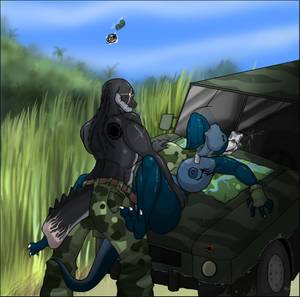 Bomba - e621 aircraft alligator anthro anthro_on_anthro bomba_(krillos) bottomless  breasts camo car clothed clothing crocodilian