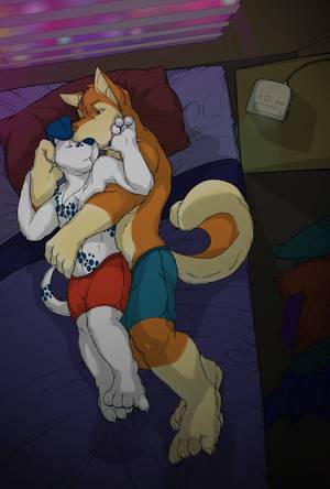 Furry Porn Sleep - anthro bed boxers_(clothing) brown_eyes canine clothed clothing cuddling  digital_media_(artwork) dog duo embrace eyes_closed fur hi_res hug husky ...