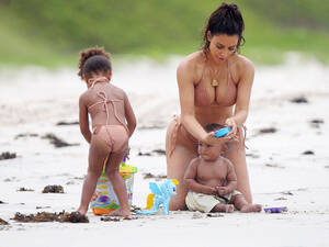 beach mother naked - Kim Kardashian, North West and Saint West Take the Beach - Kim Kardashian  Shows Off Post Baby Body on the Beach