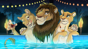 Lion King Furry Porn Pool - 31689 - safe, artist:tanidareal, simba (the lion king), big cat, feline,  lion, mammal, feral, disney, the lion king, alcohol, cocktail, drink,  female, group, harem, lioness, male, pimp, pool, torches, trio, water -  Furbooru