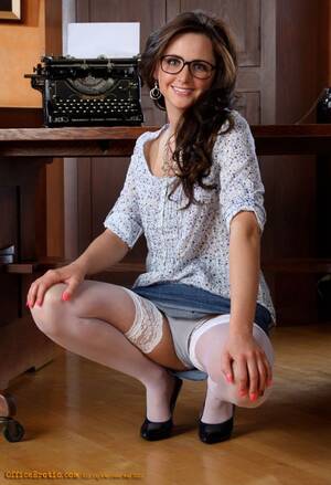 brunette glasses office - Sexy bitch in white stockings and glasses d - XXX Dessert - Picture 1