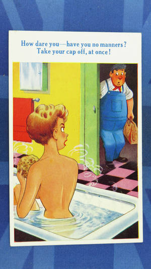 1950s Vintage Sexy Cartoons - Sunshine Comic Postcard 1950s Nude Bath Bathroom Plmber Cap Theme - 6119