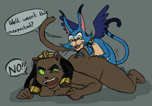 Aladdin Mirage - e621 aladdin all_fours angry anthro anthro_on_anthro bent_over black_hair  blue_fur breast_squish breasts butt butt_grab cat chaos collar