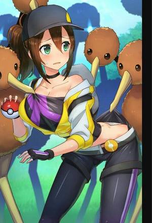 Anime Baseball Porn - absurdres baseball cap blush breasts doduo female protagonist (pokemon go)  fingerless gloves gloves green eyes hat highres holding holding poke ball  long ...