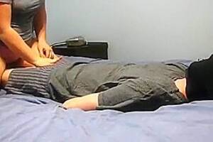 chubby handjob tied - Blindfolded and tied up guy gets a handjob from his chubby gf on the bed,  watch