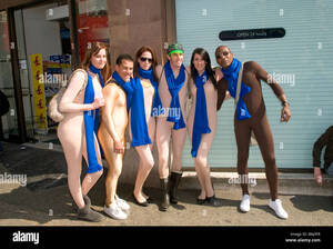 group nudism galleries - A group of young people, looking nude, advertising Nudeinscarf Stock Photo  - Alamy