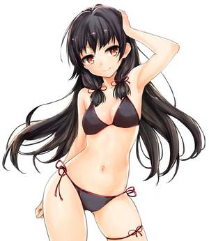 anime huge breasts swimsuit - alternate costume arm up armpits bikini black bikini black hair blush  breasts hair ribbon highres isokaze (kantai collection) kantai collection  long hair ...