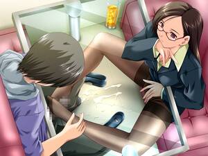 hentai under desk upskirt - zatou, natsue (ashikoki wakaokusama), ashikoki wakaokusama, game cg, 1boy,  1girl, black hair, censored, clothed masturbation, cum, drink, feet, female  masturbation, footjob, formal, glass, glass table, glasses, hetero, hood,  hoodie, jacket, long hair,