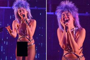 Miley Cyrus Strapon Porn - Gig or porno? Miley Cyrus takes to stage wearing fake boobs and strap-on  penis | Daily Star | Scoopnest