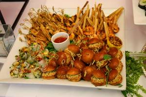 Food Porn - California Rolls, Smoked Salmon and Cucumber Rolls, Sesame Chicken Tea  Sandwiches on Mini Brioches, Chili Lime Grilled Shrimp on Sugarcane  Skewers, ...