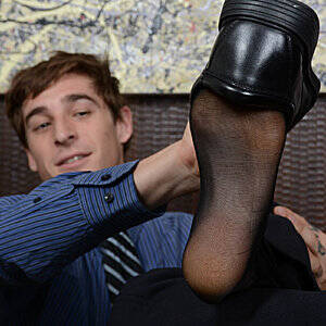 black dress shoes - Businessman slips off his dress shoes to expose his black sheer socks -  Male Feet Blog