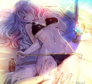 Fire Emblem Kinu Sexy - beach beach towel bikini black bikini breasts camilla (fire emblem if) cup  drinking glass fire emblem fire emblem if hair over one eye hand on own  chest ...