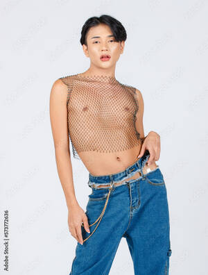 asian slim nude - Portrait isolated cutout studio shot Asian young sexy slim fashionable  LGBTQ gay male model in nude