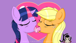 Mlp Porn Lesbian Tongue - 794733 - suggestive, artist:artjimx, applejack, twilight sparkle, earth  pony, pony, unicorn, g4, animated, blushing, drool, drool string, eyes  closed, female, freckles, french kiss, heart, kissing, lesbian, making out,  mare, open mouth, ship:twijack,