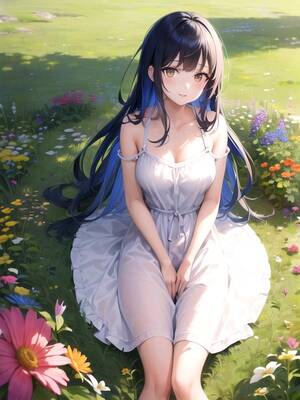 modest black haired - modest summer dress, random view, bright eyes and vibrant hair Hentai AI  Porn