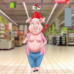 Anthro Pig Girl Porn - e621 absurd_res anthro breasts christmas clothed clothing exhibitionism  female foxworks hat hi_res holidays hooves mall mammal