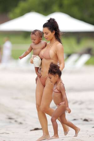beach mother naked - Kim Kardashian, North West and Saint West Take the Beach - Kim Kardashian  Shows Off Post Baby Body on the Beach