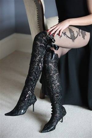 Converse Knee High Boots Porn - 'Goodnight Sweetheart' Black Over The Knee Length Lace black gothic Wedding  Boots With Heels.